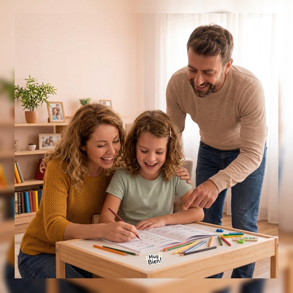 Padres contentos ayudando a su hija a aprender