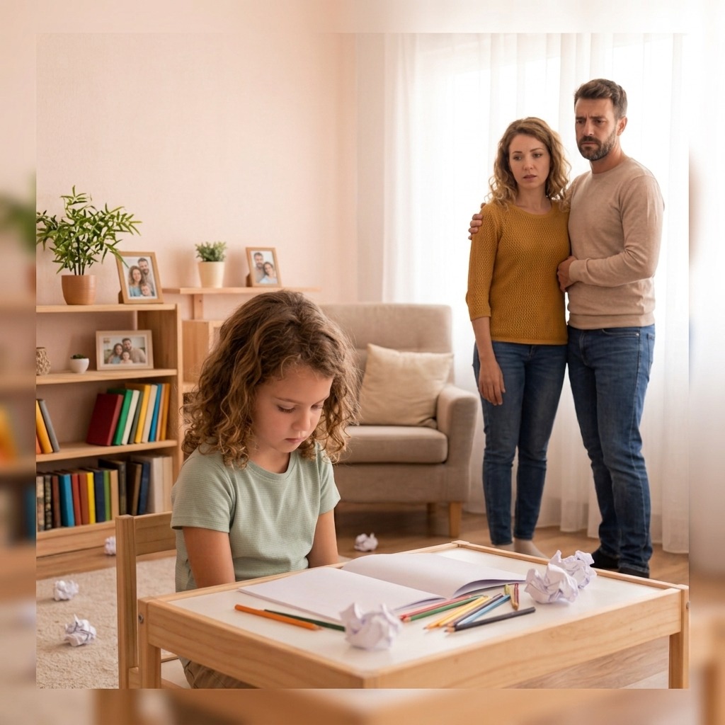 Padres preocupados frente a una tarea difícil de su hija